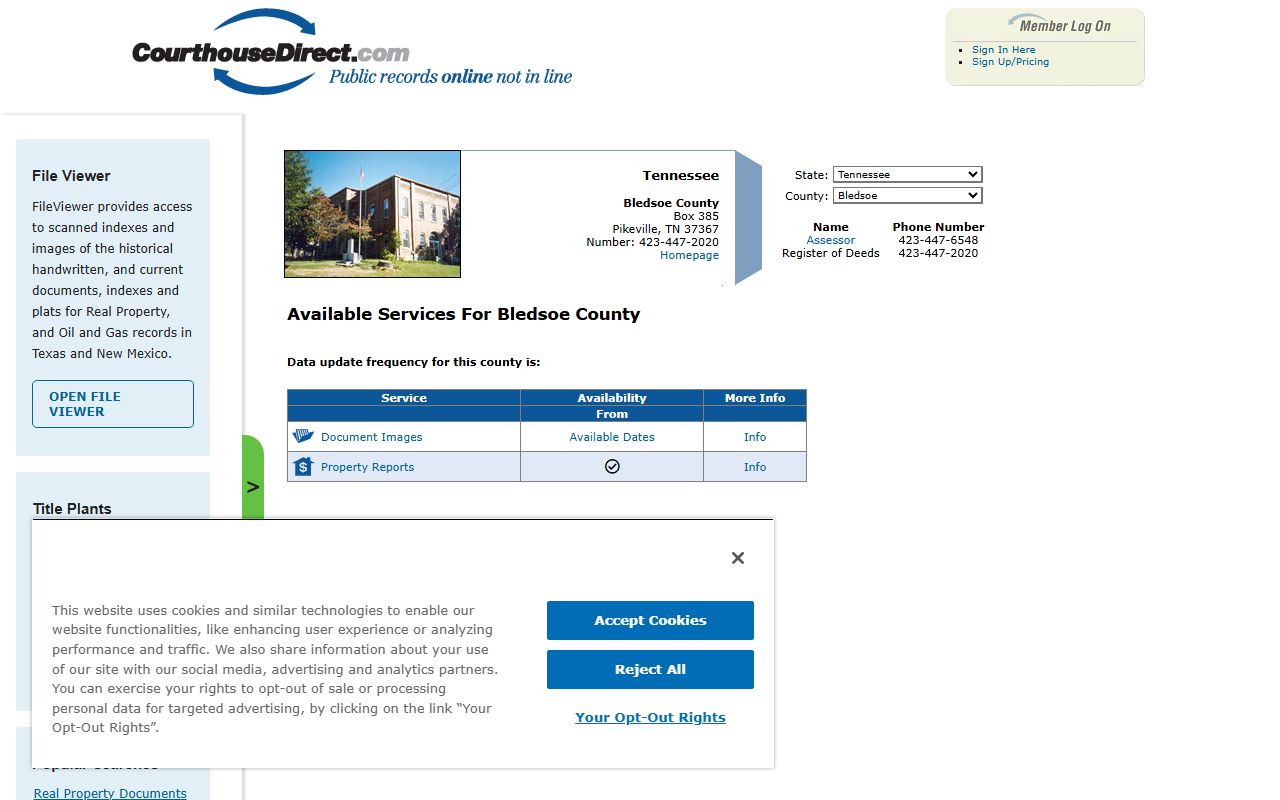 Bledsoe County property records search page for property records in Pikeville