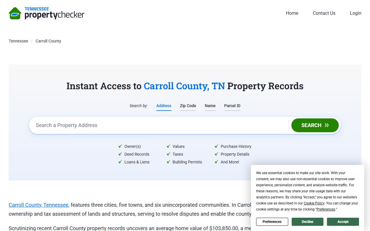 Carroll County property records portal search page for address owner and parcel lookups