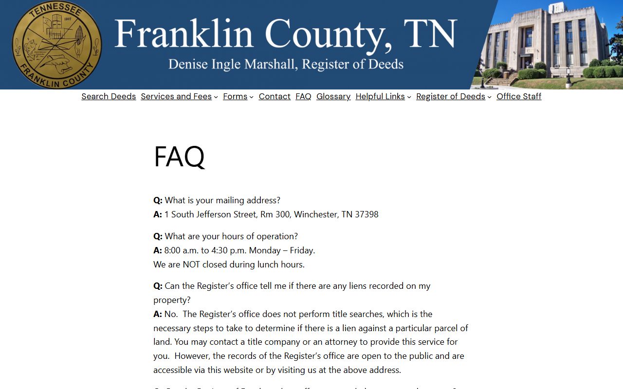Franklin County property records register of deeds FAQ page in Winchester Tennessee
